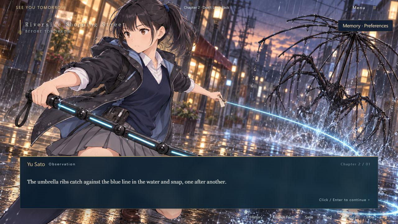 An illustrated event in See You Tomorrow, showing two characters in an evening city scene